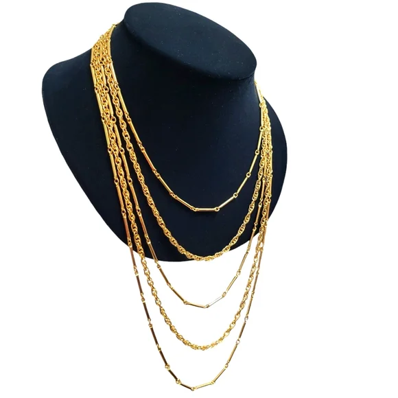 Vintage Alternating Bar and Chain Link Multi Strand Graduated Gold Tone Necklace